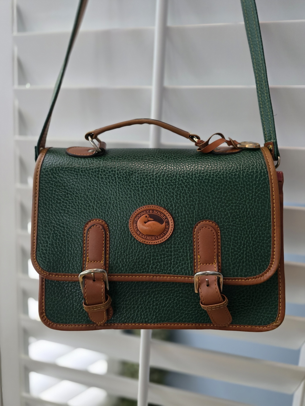 Green Pebble Leather Crossbody Satchel with Brown Trim